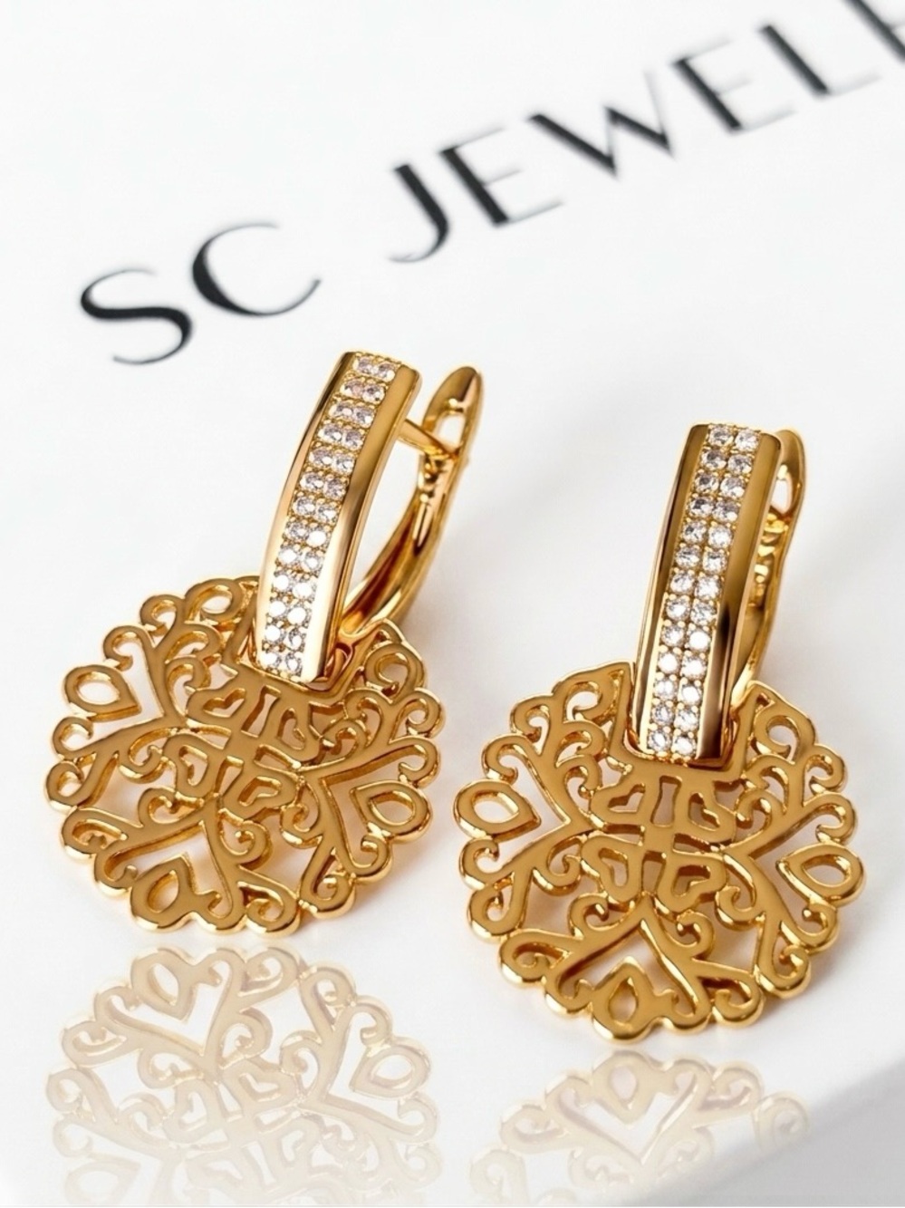 18K Gold Plated Filigree Drop Earrings CZ Zircon Dainty Round Dangle Earrings